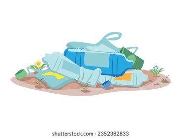 Pile of plastic garbage lying on the ground. Take care of the environment. Sorting, recycling and disposal of garbage. Vector illustration.