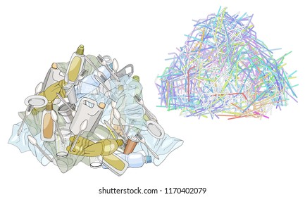 A pile of plastic garbage and straws isolate. The refusal of disposable plastic drinking straws. The problems with chemical wastes disposal. Stop plastic pollution, vector illustration. 