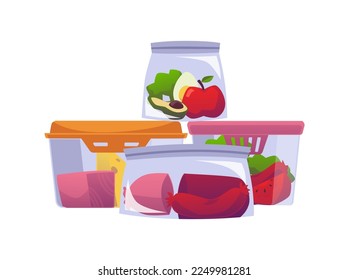 Pile of plastic lunch boxes or freezer containers with food, flat cartoon vector illustration isolated on white background. Food storage and zero waste symbol.