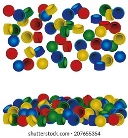 pile of plastic PET bottle caps on white background