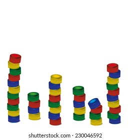 pile of plastic PET bottle caps on white background
