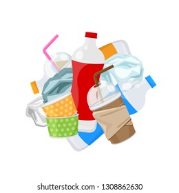 pile of plastic waste dump isolated on white background, plastic bottle garbage waste, plastic waste glass and paper cup garbage, illustration for garbage pollution (vector)