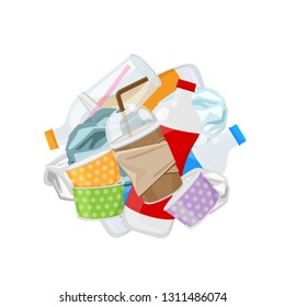 pile of plastic waste dump isolated on white background, plastic bottle garbage waste, plastic waste glass and paper cup garbage, illustration for garbage pollution (vector)