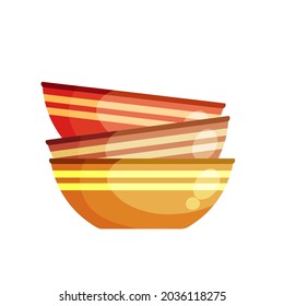 Pile of plates. Stack of kitchen utensils. Clay bowls. Flat cartoon illustration isolated on white