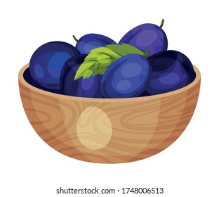 Pile of Plum Berries Poured in Wooden Bowl Vector Illustration