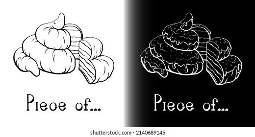 Pile of poo or a cake with a piece of shit or cake cut off. Line art in different versions on white and black backgrounds.