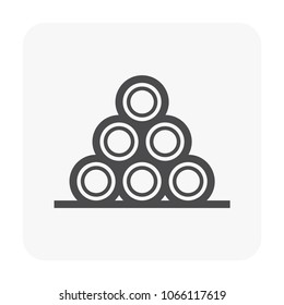 Pile Of Precast Concrete Sewer Or Reinforced Cement Concrete Pipe Vector Icon. To Manufacturing, Storage For Construction At Underground, Road For Drainage System Of Storm Water, Flood And Sewage.
