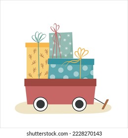 Pila de regalo en un carro. Presentes envueltos con cinta empacada en un carrito rojo. Ilustración navideña.