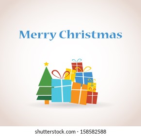 pile of presents and christmas tree,  greeting card