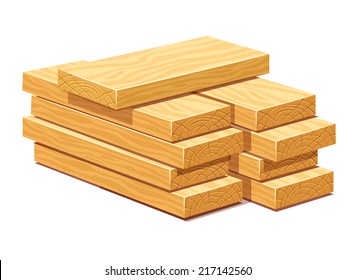 Pile of rasped wooden timber planks for building construction or floring. Eps10 vector illustration. Isolated on white background