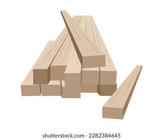 Pile of rasped wooden timber planks for building. construction natural material or floring. Wooden long boards heap isolated on white background. Flat vector illustration