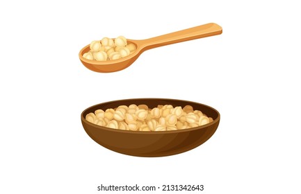 Pile of Raw and Dry Beige Chickpeas Rested in Wooden Bowl and Scoop Vector Set