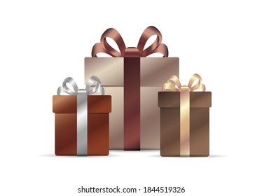 Pila de cajas de regalo realistas en colores de bronce y oro premium con arco y cinta, ilustración vectorial, regalos exclusivos de lujo, aislados