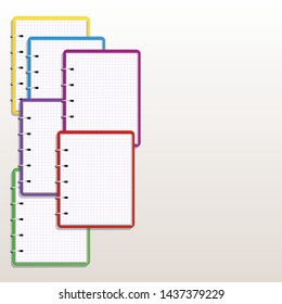 Pile of realistic multi colored spiral notebook with squared paper pages isolated on desk. Design elements for education, school supplies, office supply, exercise book, workbook or notepad
