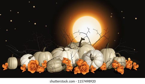 Pile of realistic white pumpkins and orange roses. Halloween illustration with free space.