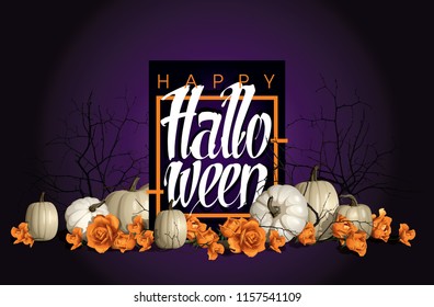 Pile of realistic white pumpkins and orange roses. Halloween illustration with free space.