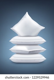 Pile of realistic white satin pillows. Vector illustration isolated on dark background