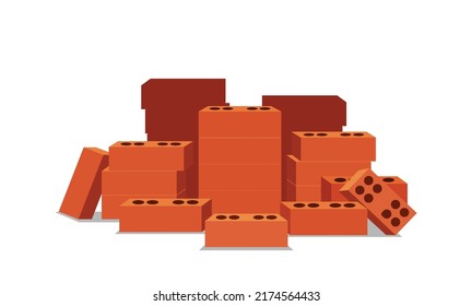 Pile Of Red Bricks, Construction and Building Materials Isolated On White Background. House Structure Elements, Masonry Industrial Solid Blocks, Architectural Items. Cartoon Vector Illustration