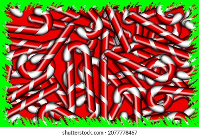 montón de latas de caramelos rojos y blancos rodeados por ramas de árboles de Navidad como marco