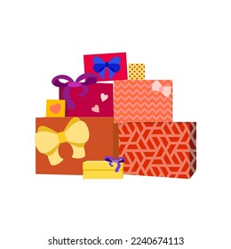 Pile of red and yellow birthday, Christmas or Valentine presents with ribbons. Pile of colorful wrapped gift boxes cartoon illustration. Party, celebration, surprise concept