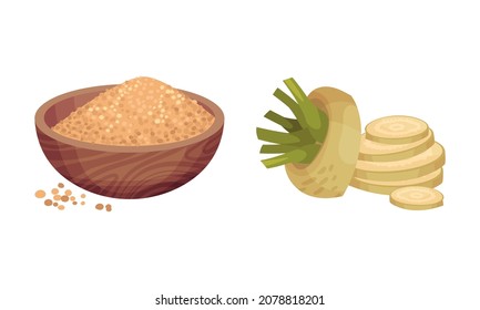 Pile of Refined Brown Sugar in Bowl and Sliced Beet as Sweetener for Food and Drink Vector Set