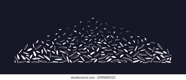 Pile of rice. White grains set. Vector isolate on black backdrop. Agroculture harvest. Graphic dots abstract design. Art simple illustration for food package and flour design