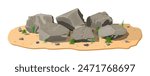 Pile of rock stone with grass on sand. Stones and rocks in variuos sizes. Set of different boulders. Vector illustration in flat style