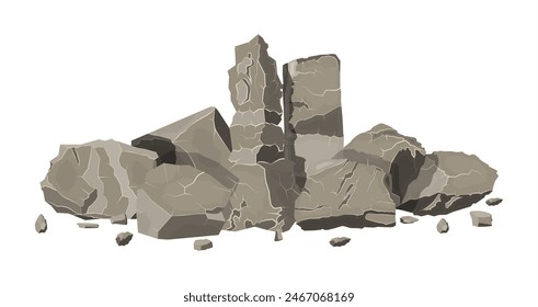 Pile of rock stone. Stones and rocks in variuos sizes. Set of different boulders. Vector illustration in flat style