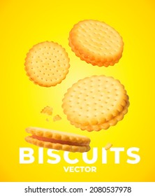 Pile of round biscuit cakes or crackers. cake with cream cheese vector isolated on a yellow background.