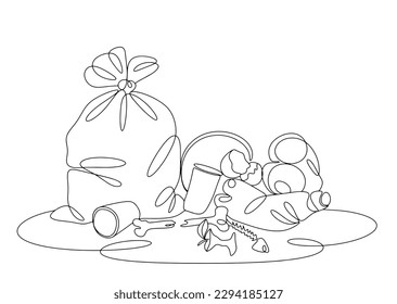 A pile rubbish   food waste  Nature pollution  Ecological problem  World Responsible Tourism Day  One line drawing for different uses  Vector illustration 