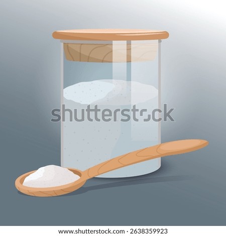 Pile of salt on wooden spoon and in jar design illustration