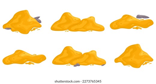 Pile of sand set isolated on white background in cartoon style. Sand pile powder for the beach and children's games. Cartoon vector illustration. Grit hills of yellow gold color