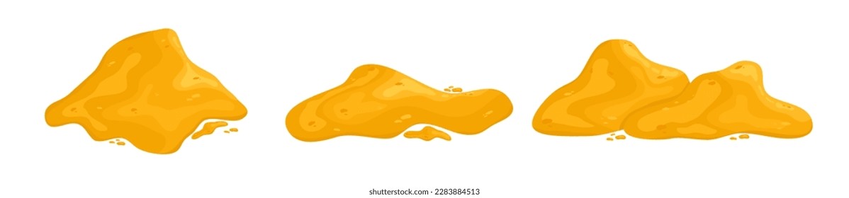 Sand einzeln auf weißem Hintergrund im Cartoon-Stil. Sandstapelpulver für den Strand und Kinderspiele. Cartoon, Vektorgrafik. Grillhügel mit gelbem goldenem Hintergrund