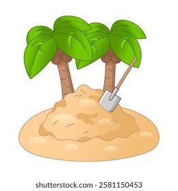 Pile of sand with shovel on tropical island. Found buried treasure scene isolated on white background.