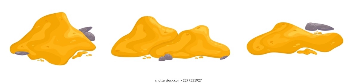 Pile of sand with stone set isolated on white background in cartoon style. Sand pile powder for the beach and children's games. Cartoon vector illustration. Grit hills of yellow gold color
