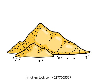 Pila de arena. Material amarillo para arenero. La decoración de la orilla y de la playa. Esbozo de dunas aislado en blanco