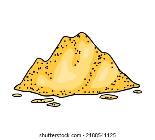 Sandstrand. Gelbes Material für Sandkasten. Dekoration von Strand und Strand. Dünenskizze einzeln auf Weiß