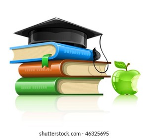 pile of school books with professor's cap and apple - vector illustration, isolated on white background