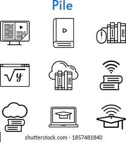 Pfahlsatz. Inklusive Cloud, Cloud-Bibliothek, E-Book, Bücher, Student-Laptop, Cap, Mathematik Icons. lineare Stile.