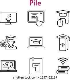 pile set. included professor, student-laptop, smartphone, elearning, touchscreen, enter, microscope icons. linear styles.