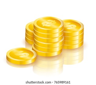 Pile of shiny golden coins with dollar sign with shadows and reflections isolated on white background - vector illustration