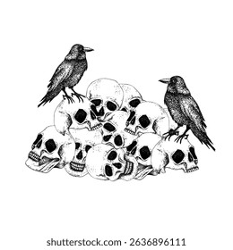 Pile of skulls with black crows. Graphic illustration, vector Gothic composition for Halloween, Day of the Dead, esoteric concept. Hand drawn Line art for postcard, posters, logo, textile, stationery.