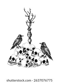 Pile of skulls, black crows, vintage candelabrum and dry branches. Graphic illustration, vector Gothic composition for Halloween, Day of the Dead, esoteric concept. For postcard, posters, stationery.