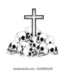 Pilha de crânios com cruz. Ilustração gráfica em branco preto, composição gótica vetorial para Halloween, Dia dos Mortos, conceito esotérico. Line art para cartão postal, cartazes, logotipo, têxtil, papelaria.