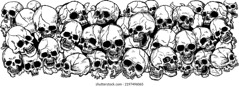 Un montón de cráneos humanos calaveras con muchos tatuajes de fondo con forma de mano dibujando vectores líneas de arte