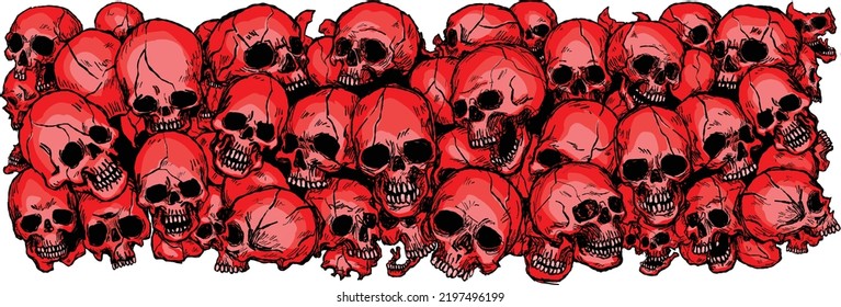A pile skulls human skulls and many shaped background tattoo hand drawing vectors art red