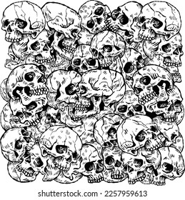 A pile skulls human skulls and many shaped background tattoo hand drawing vectors art lines v 2