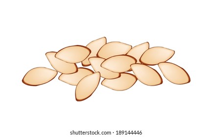 A Pile of Slice Almond Isolated on White Background, Good Source of Dietary Fiber, Vitamins and Minerals. 