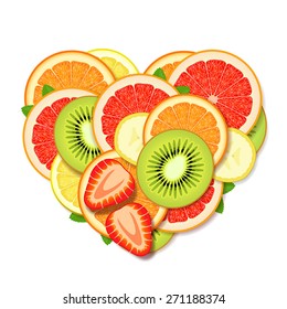 Pile of sliced fresh fruits and berries, stacked in heart form