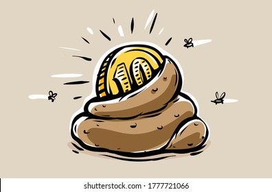 Pile of smelly crap. Poop Shit excrement witn 10 cents gold coin inside draft icon and flies flying over heap. Dirty money smell. Vector illustration.